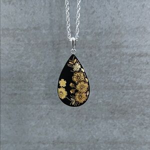 Black and Gold Teardrop Pendant Necklace with Silver Chain